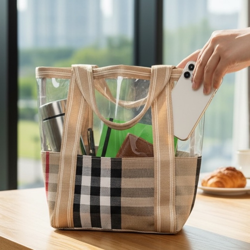 transparent thermal tote bag handbag beige, black, white, red plaid pattern NEW